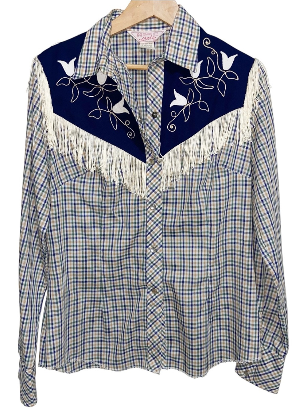 Vintage 70s H Bar C California Ranchwear Shirt Size 38 plaid fringed pearl snap